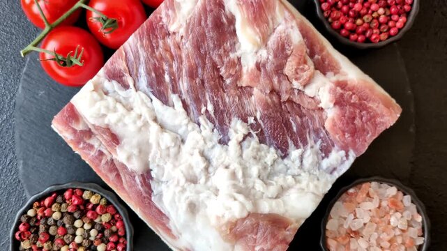 Raw fresh bacon slices with layers of meat or prosciutto prepared for frying. Raw bacon as a food background for your design