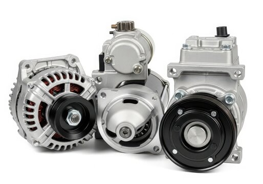 A variety of car alternators and starters displayed on a white background