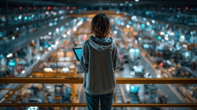 Worker observes factory floor while using tablet during night shift at manufacturing plant in city area