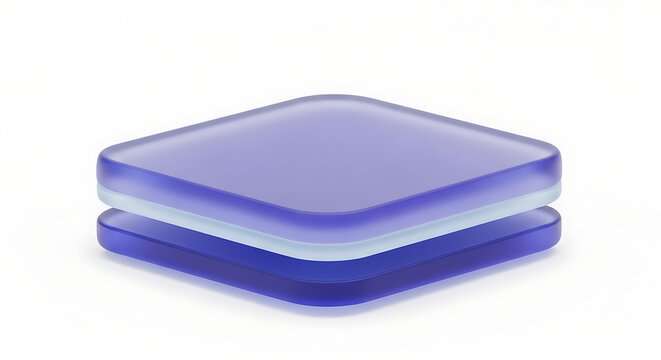 Layered glass squares, translucent blue and white, with rounded corners, stacked in a clean, abstract composition on a white background, suggesting data storage or digital organization