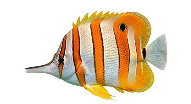 Vibrant copperband butterflyfish with striking orange and white stripes
