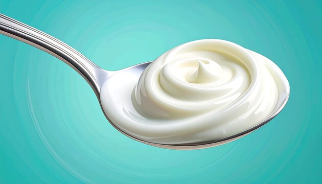 A spoonful of creamy white yogurt against a teal background
