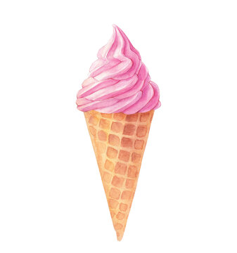 Watercolor pink ice cream cone, berry summer dessert