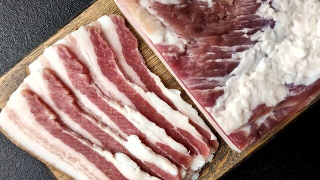 Raw fresh bacon slices with layers of meat or prosciutto prepared for frying. Raw bacon as a food background for your design