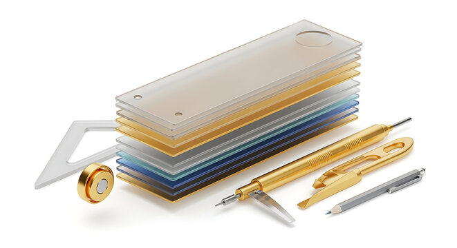 Layered materials and precision tools for drafting and design, including rulers, compass, and cutters, suggesting precision engineering and architectural planning