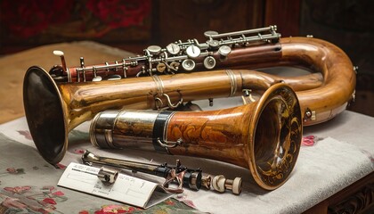 Obraz premium A close-up of brass musical instruments on a table