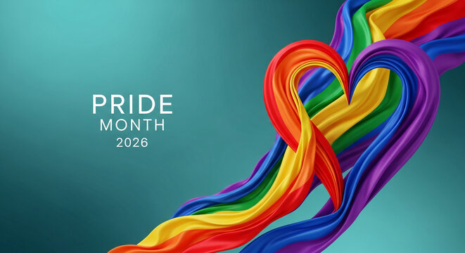 Wavy rainbow fabric forms a heart shape on turquoise background, representative of LGBTQ+ pride, love, acceptance and community celebration