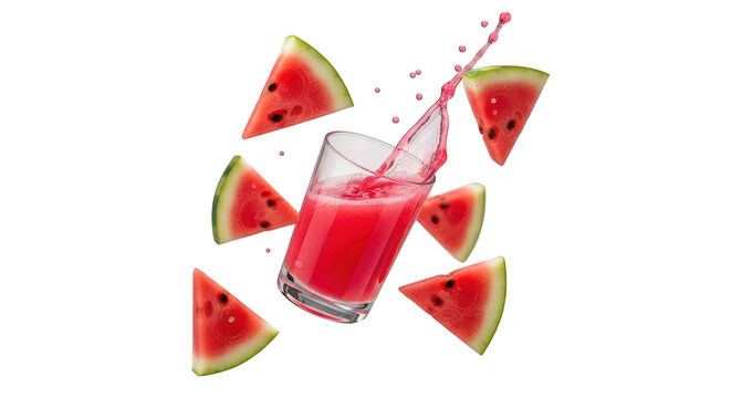 Fresh watermelon juice in a glass with splashing liquid and floating watermelon slices isolated on transparent background