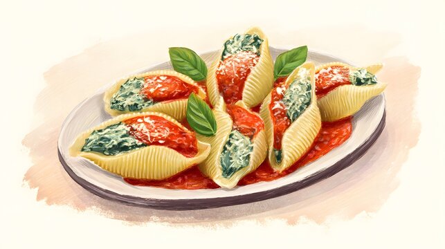 Italian Conchiglioni Pasta Shells Ricotta Spinach Tomato Basil Watercolor Illustration Food Concept