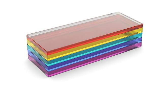 Layered stack of colorful translucent glass rectangles, each with a serrated edge, creating a vibrant abstract pattern on a clean white background, representing data blocks or building blocks