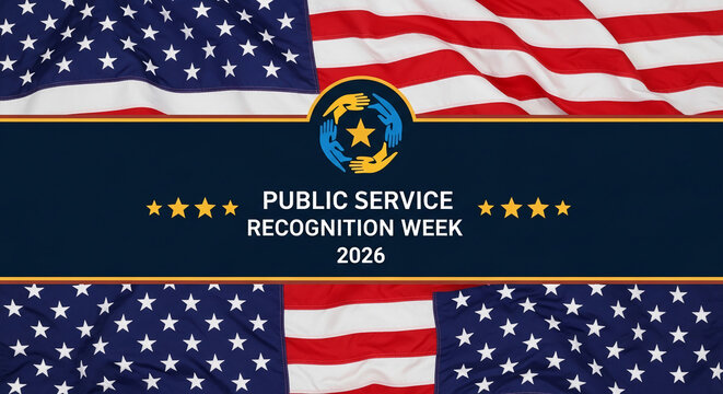 Image with flag and hands surrounding star. Represents public service, unity and recognition, with patriotic sentiment and collective effort