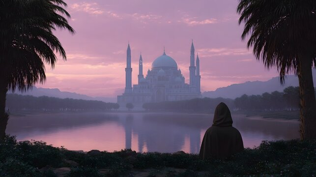 A solitary hooded figure observes a majestic domed structure reflected in the misty waters at twilight