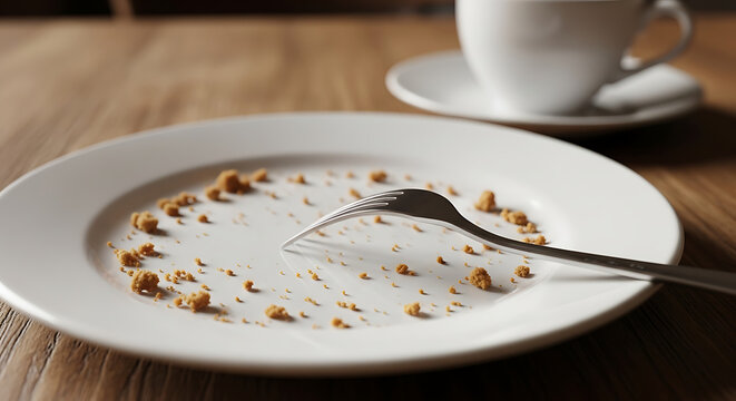 A dirty plate with crumbs and a fork after a delicious meal has been eaten