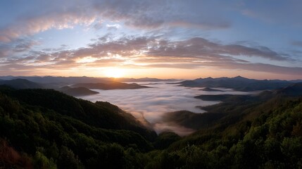 Obraz premium A panoramic view of lush fog filled mountain ranges bathed in the soft ethereal glow of dawn