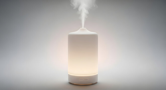 Contemporary white ultrasonic essential oil diffuser emitting cool aromatic mist with warm internal ambient glow
