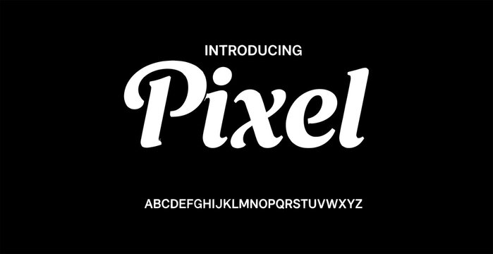 Pixel style retro font text introducing display with alphabet showcase