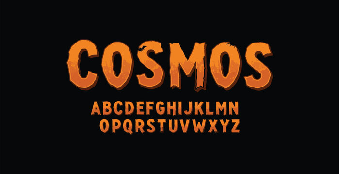 A stylized orange alphabet font with the word COSMOS on a black background
