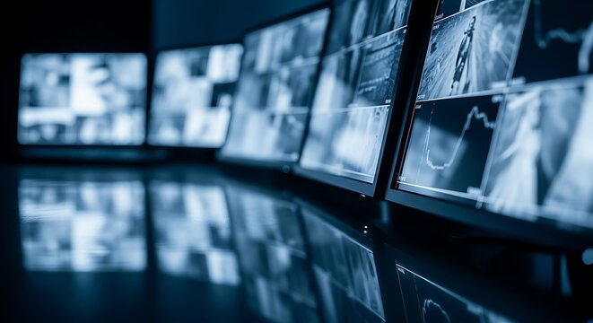 Multiple screens display various medical images in a dark room with a reflective floor.