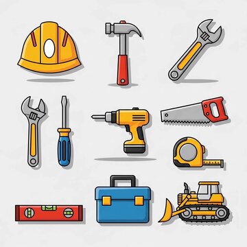A vibrant, flat design illustration showcasing a variety of construction tools and heavy equipment. This collection is ideal for concepts related to building, DIY, trades, and industrial projects, per