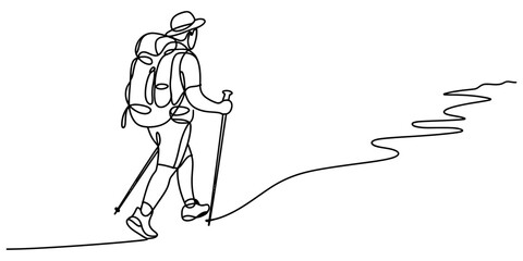 A continuous line drawing of a person hiking with a backpack and poles on a winding mountain trail Vector, illustration © Jagonnath