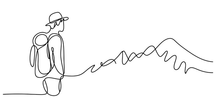 A single continuous line drawing of a person wearing a hat and backpack looking at a mountain range Vector, illustration