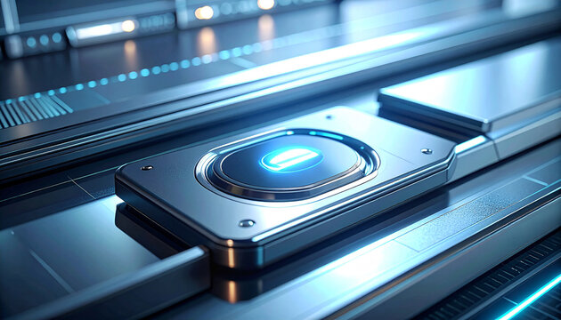 Technological Beacon: An intimate look at a futuristic metallic device, showcasing a glowing interface that emits a futuristic, cool glow, inviting viewers to explore the cutting edge of innovation.