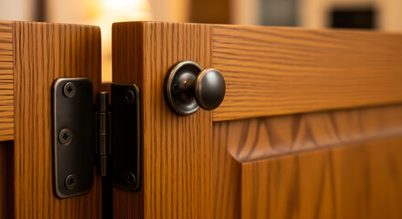 Fototapeta premium Close Up Of A Wooden Door With Brass Hardware And Carved Details