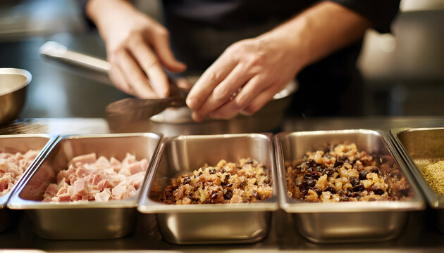 Close-up of chef preparing ham and raisins in containers