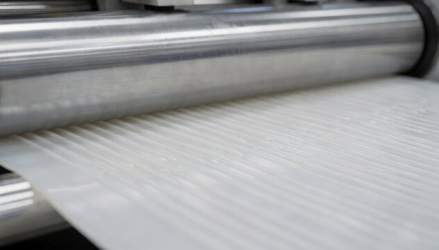 Footage of linear rollers creating parallel embossed lines on soft plastic sheets emphasizing uniform texture application and mechanical process efficiency.