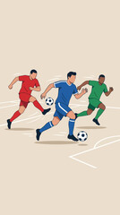 Fototapeta premium Flat vector illustration of soccer players in action on a stadium field