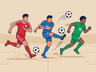 Fototapeta premium Flat vector illustration of soccer players in action on a stadium field