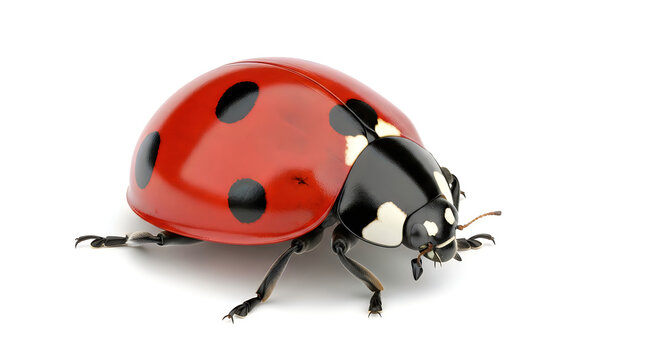 Close-up view of a red ladybug with black spots on a white background