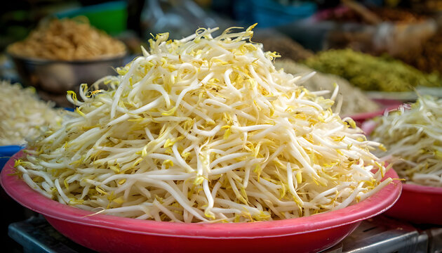 Closeup Bean Sprouts Red Basin Vietnam Street Market Produce Stall Showcasing Mound Of Pale Yellow White Sprouts Filling Plastic Basin, Crisp Texture, Morning Market Atmosphere, Ingredient For Pho