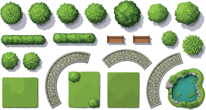 Top view garden landscape elements, vector set of park bushes and stone paths, green lawn and pond icons for site planning and map design