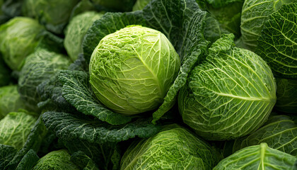 Fototapeta premium Close-up of freshly harvested green cabbages piled together. Crisp, leafy vegetables ready for cooking, pickling, or market display. Natural farming product.