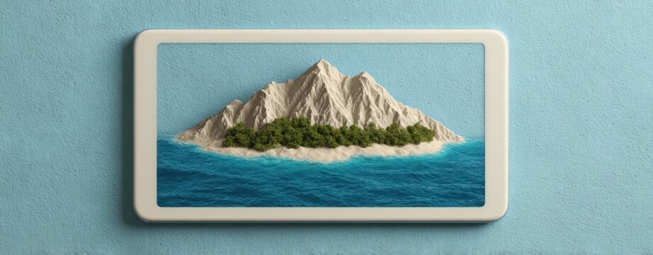 travel virtual smallscale tropical island mountains ocean modern digital tablet 3d render tourism technology concept