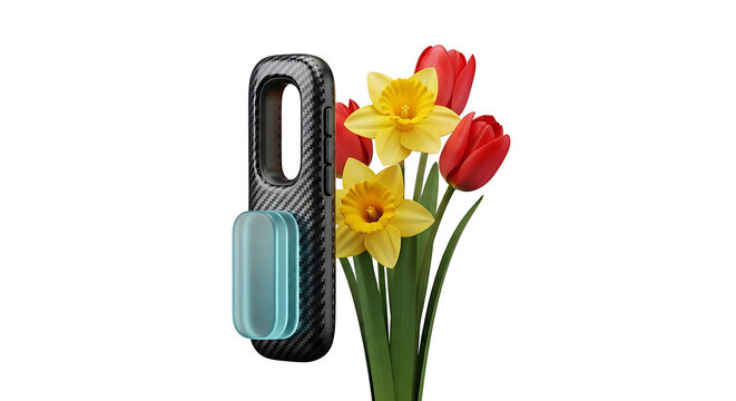 Modern carbon fiber security scanner device next to a vibrant bouquet of red tulips and yellow daffodils on a white background, representing technology and nature combined for home security solutions