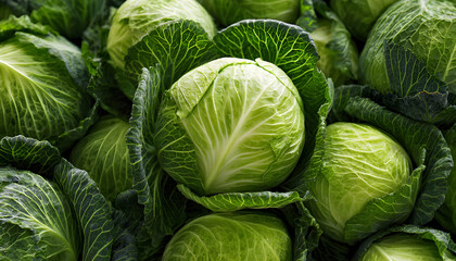 Fototapeta premium Close-up of freshly harvested green cabbages piled together. Crisp, leafy vegetables ready for cooking, pickling, or market display. Natural farming product.