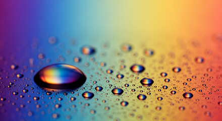 Naklejka premium Close-up of water drop on colorful surface with rainbow reflection, representing vibrant freshness and pureness, ideal for nature or abstract themes