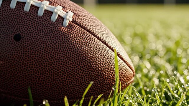 A brown leather pigskin sits on the green grass of a college football field, ready for a competitive sports game of American football on the turf