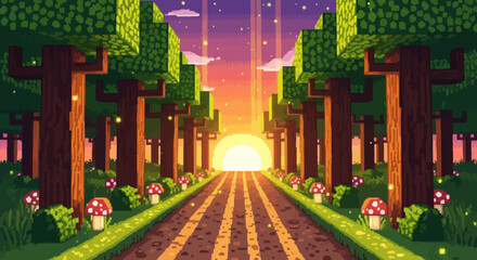 Fototapeta premium Pixel Art Forest Path Leading to a Bright Sunrise with Blocky Trees and Glowing Mushrooms, Retro Video Game Landscape