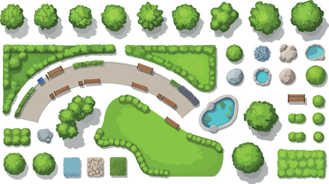 Top view park landscape elements, green garden vector set with trees and bushes, outdoor public space map constructor with benches and ponds