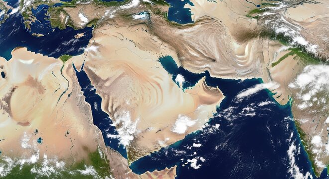 Satellite view of Middle East and North Africa, aerial earth map of desert landscape and blue oceans, global geography from space