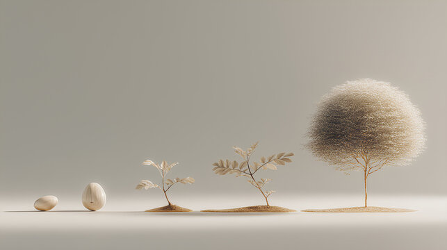Glowing seed growing into plant and mature tree in linear progression on neutral background minimal composition showcasing life cycle and longevity concept