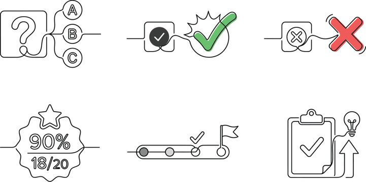 A set of line icons illustrating concepts of evaluation, validation, and assessment in a simple and modern style. AI, eps, png, jpg. transparent background.
