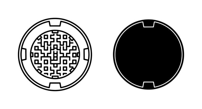 Manhole cover top view outline and silhouette icons