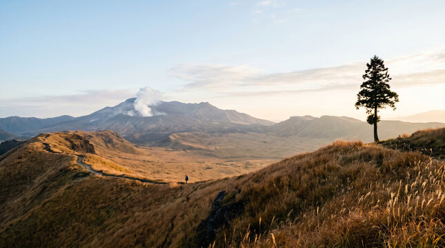 Solitary Pine Tree Overlooking Volcanic Mountain