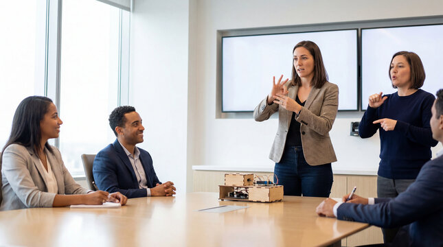 Business presentation using sign language with interpreter during meeting promoting workplace accessibility inclusive communication collaboration training deaf awareness corporate culture