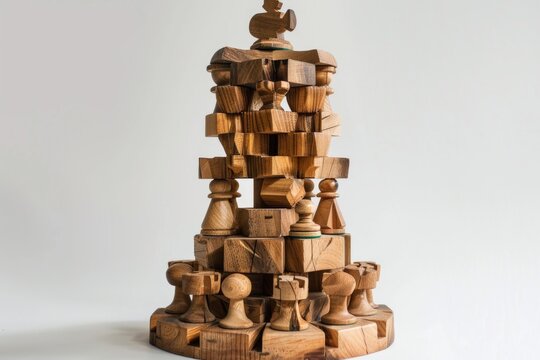Intricate wooden chess pieces create a unique tower sculpture, blending art and strategy