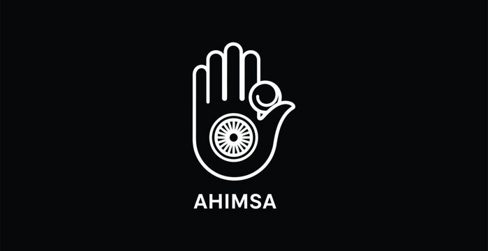 A white Ahimsa hand symbol on a black background representing non-violence and peace